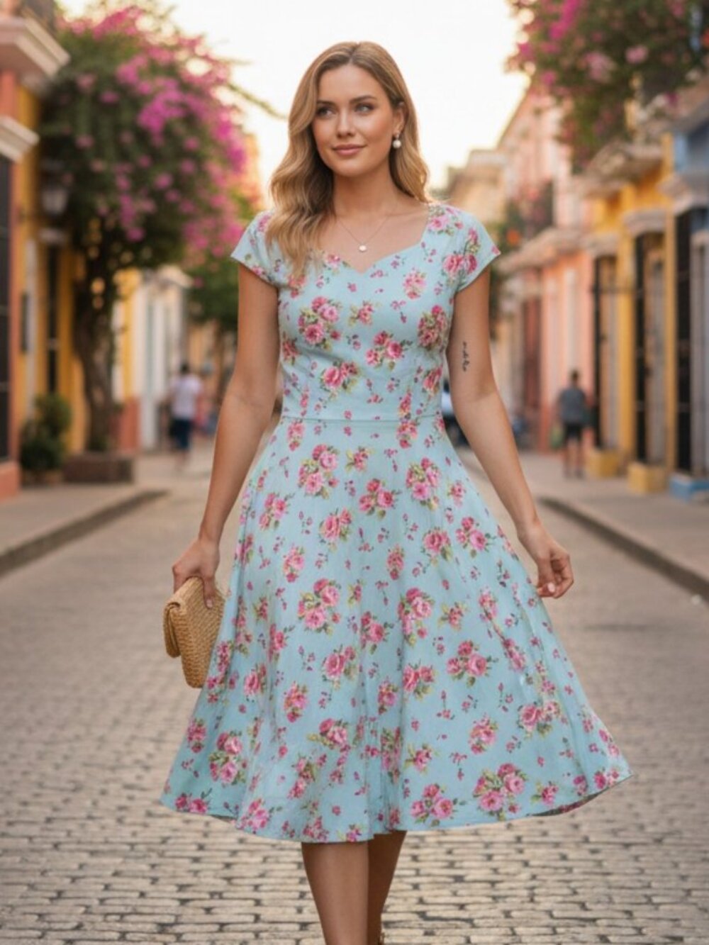 Vintage Dress Tells Mint Rose Floral Fit Flare Pinup Cottagecore Dress Sz S